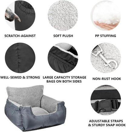Dog Car Seat for Small Dogs, Fully Detachable and Washable Cat Carseats Under 25 lbs, Soft Pet Booster Seats with Storage Pockets and Clip-On Leash Portable Car Travel Carrier Bed (Grey, Large)