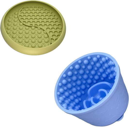 Slow Feeder Bowl Bundle: Green Frozen Lick Mat (8.0" x 1.4") + Light Blue Starry Sky Feeder (5.3" x 3.7"), Freeze-Friendly Lick Bowl with Suction Cups for Enrichment and Anxiety Relief