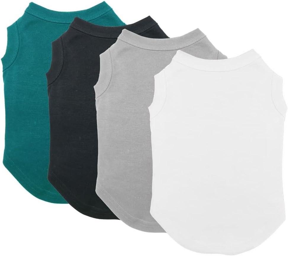 Chol&Vivi Plain Dog Shirt, 4pcs Blank Cotton Shirts Fit for Extra Small to Extra Large Size Dogs, Sleeveless Apparel Soft and Lightweight, Tank Top for All Breeds, Black/Grey/White/Dark Green, Large