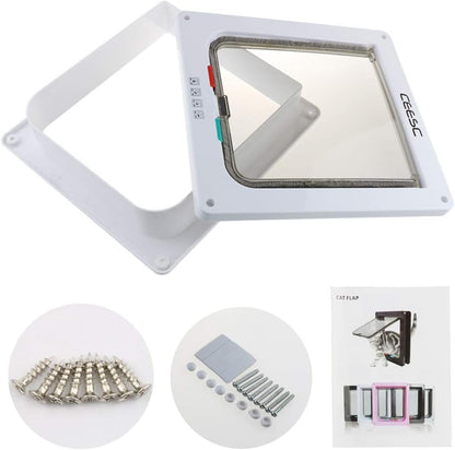 CEESC Extra Large Cat Door (Outer Size 11"x9.8"), Weatherproof, White, ABS Material, 4-Way Locking Flap for Cats & Dogs up to 25.54 lbs