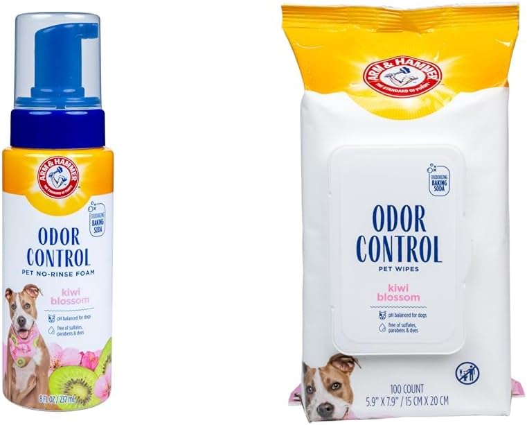 Arm & Hammer for Pets Odor Control Bundle: No-Rinse Foam Deodorizer, Kiwi Blossom Scent, 8oz & Odor Control Wipes, 100 Count - Best Odor Eliminating Waterless Cleaning for Dogs & Puppies