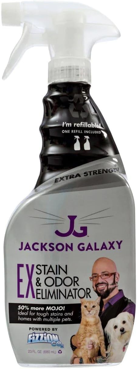 Jackson Galaxy EX Stain & Odor Eliminator Pet Urine Remover - 23 oz Bottle - 2 Fills Included - 50% More Mojo - Eliminates Pet Stains & Odors Quickly - Works On Multiple Surfaces - Non-Toxic