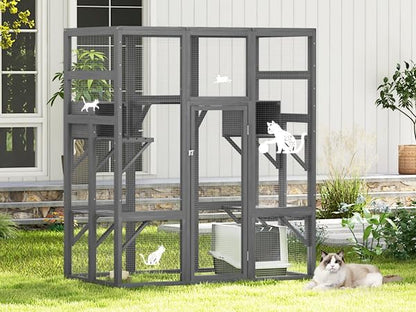 COZIWOW Large 70inches Outdoor Catio, Indoor Cat Cage House with Waterproof Roof, 5 Perches & 2 Condos, Spacious Wooden Cat Enclosure for 2-3 Cats, Stable & Breathable (Grey)