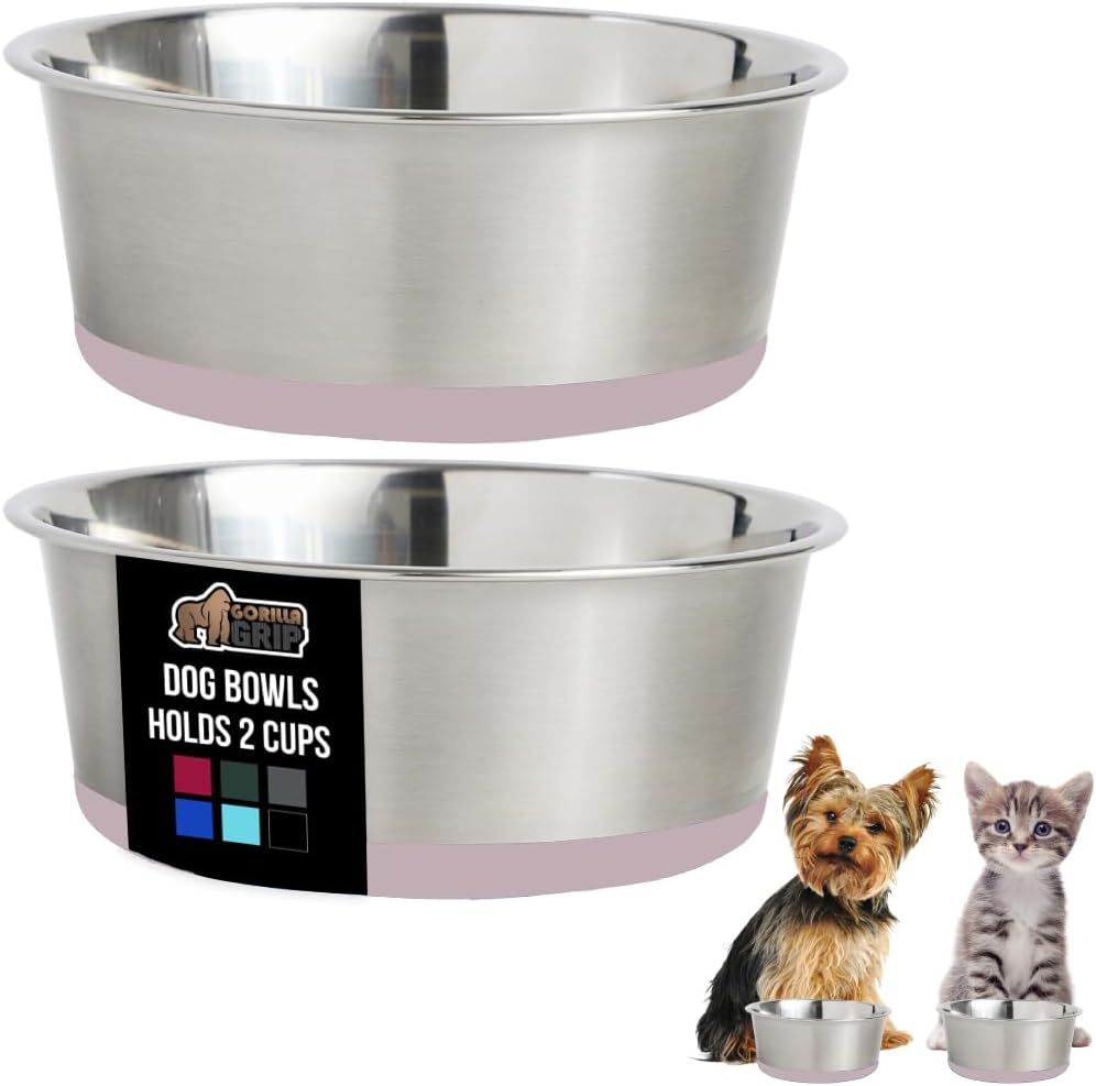 GORILLA GRIP Dog Bowls, Holds 2 Cups Each (16 fl oz), Heavy Duty Stainless Steel Food and Water Bowl for Feeding Dogs and Cats, Dishwasher Safe, Rust Resistant, BPA Free Rubber Base, Set of 2 Pink