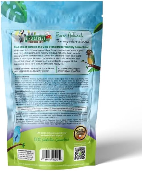 Bird Street Bistro Parrot Food - Parrot Food - Cooks in 3-15 min w/Natural & Organic Grains, Legumes, Non-GMO Fruits, Vegetables & Health-Oriented Spices.