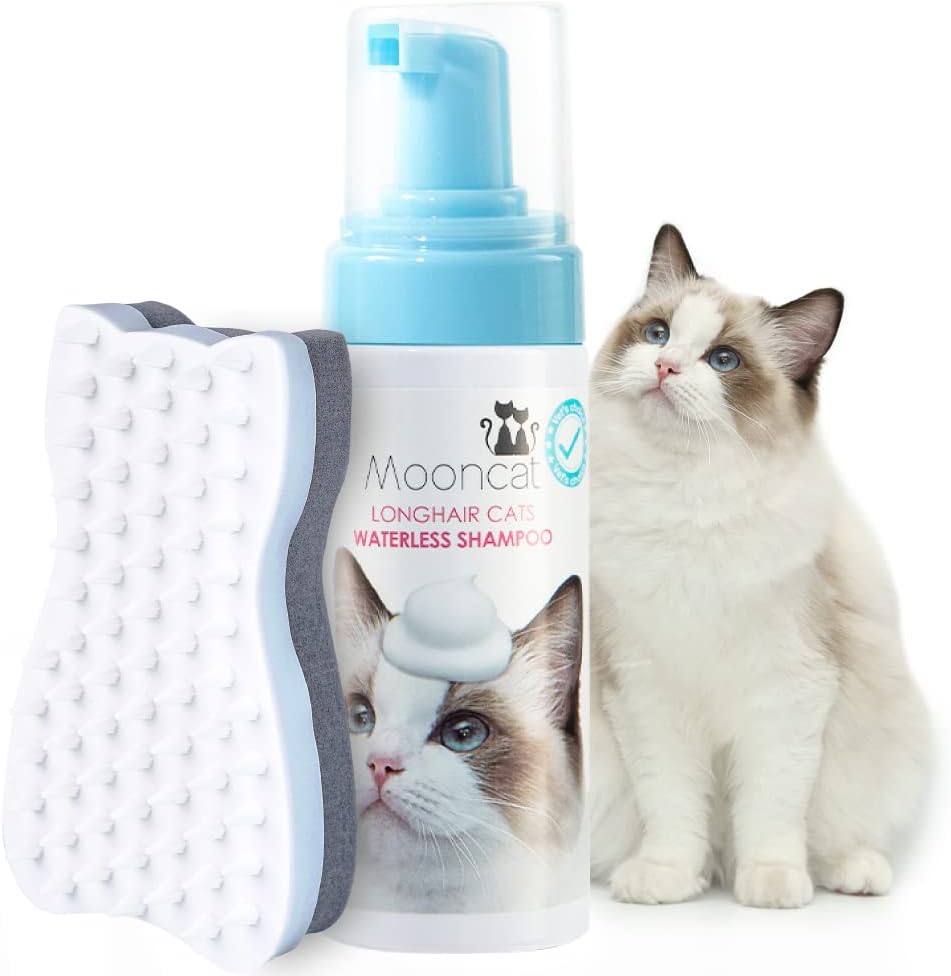 Mooncat Waterless Shampoo & Brush Kit for Longhair Cats + Dental Finger Wipes Bundle - Licking Safe Foam Detangler, Breath Freshening Wipes (40 Count)
