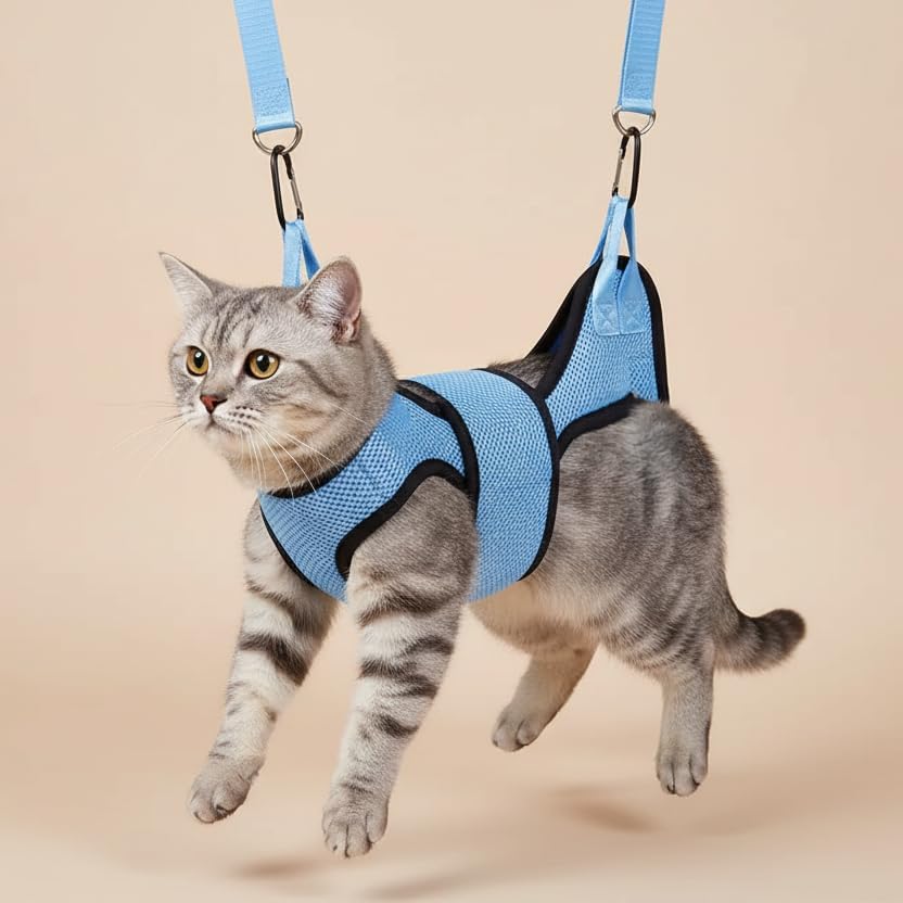 Hands-Free Pet Grooming Sling for Cats & Small Dogs – Breathable Mesh Hammock for Nail Care, Grooming & Calm Handling (Blue,S)