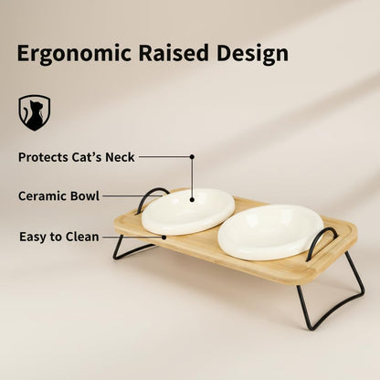 Raised Cat Ceramic Bowls with Wood Stand Kitty Elevated Bowls for Food and Water with Tilted Design Anti-Vomiting, Pet Bowl Set with Stainless Steel Base for Cats and Puppy by TDTOK