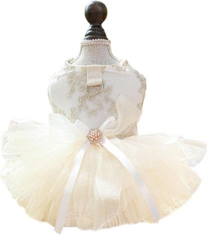 ANIAC Embroidered Dog Dress for Small Dog,Girl Puppy Princess Tutu Dress with Leash Ring,Cat Apparel,Chihuahua Yorkie Clothes for Birthday Wedding (Small, Champagne)