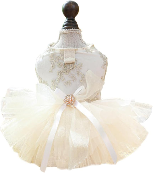 ANIAC Embroidered Dog Dress for Small Dog,Girl Puppy Princess Tutu Dress with Leash Ring,Cat Apparel,Chihuahua Yorkie Clothes for Birthday Wedding (Small, Champagne)