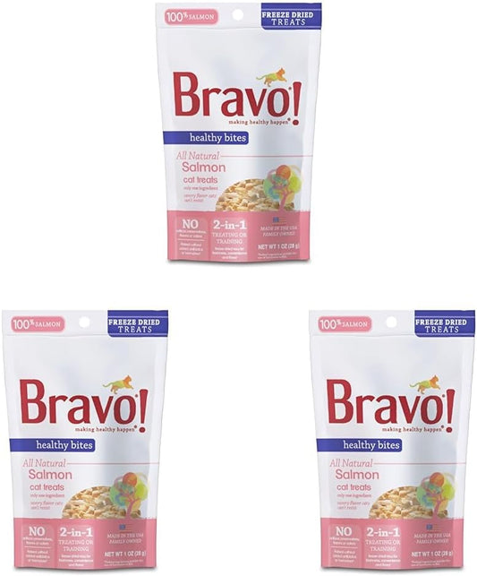 Bravo! Healthy Bites Single Ingredient Freeze Dried Raw Cat Treats, Salmon, 1 Ounce, High Protein, Grain Free, Gluten Free (Pack of 3)
