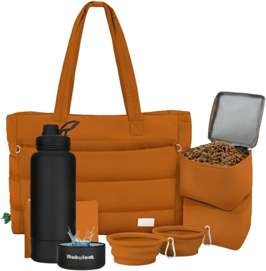 rubyloo Dog Mom Essentials Bundle - Puffer Tote with Storage Containers (Rust) and 32 oz Water Bottle with Detachable Bowl (Solid Black) - Travel Bag and Hydration Set
