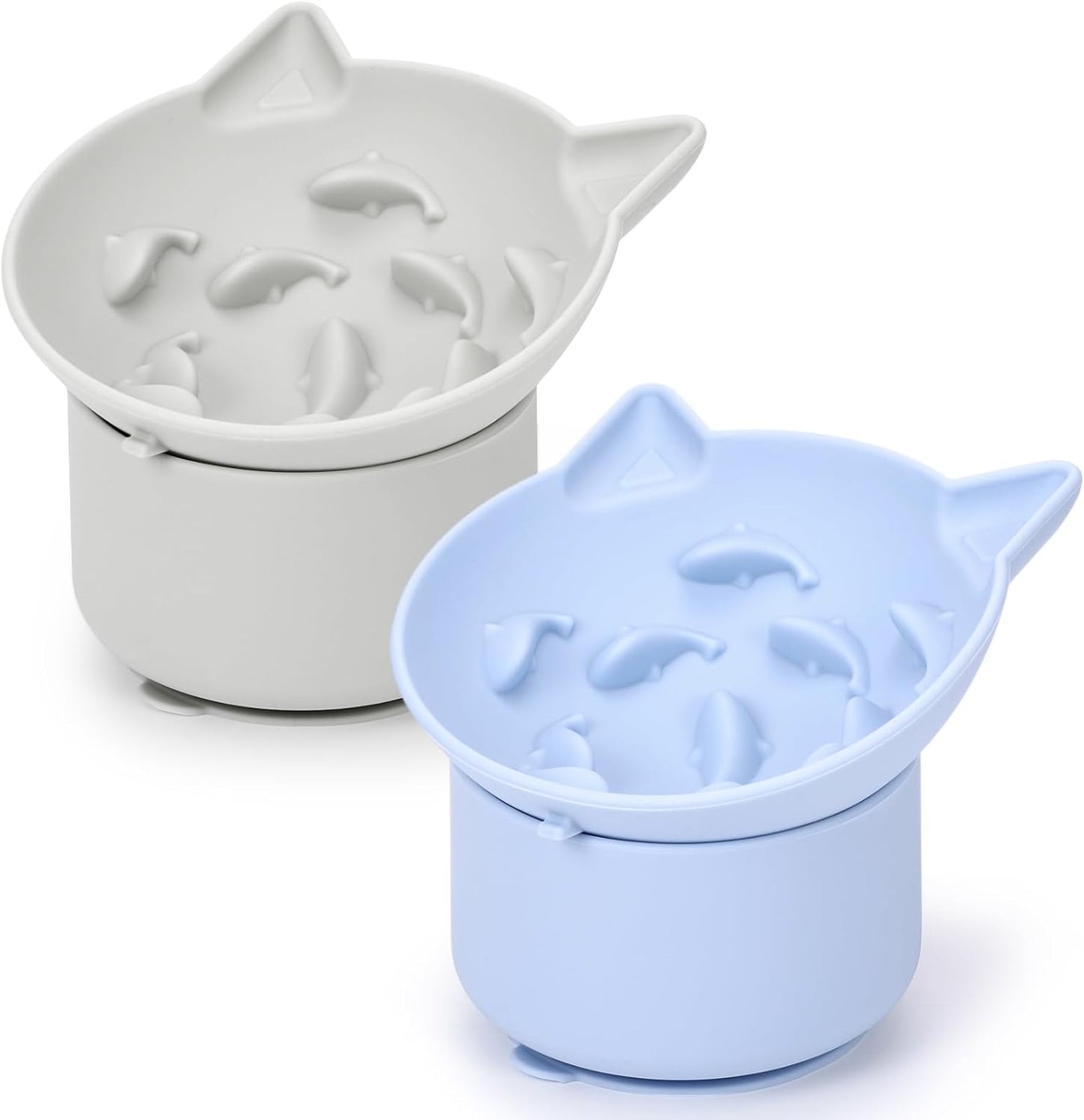 2 Pack Silicone Cat Slow Feeder, Elevated Slow Feeder Cat Bowl for Dry and Wet Food, Tilted Design with Non Slip Base, Adjustable Angle for Pet(Gray and Blue)