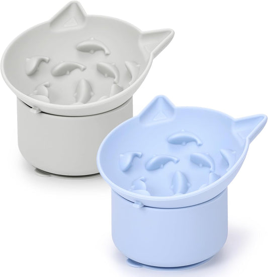 2 Pack Silicone Cat Slow Feeder, Elevated Slow Feeder Cat Bowl for Dry and Wet Food, Tilted Design with Non Slip Base, Adjustable Angle for Pet(Gray and Blue)