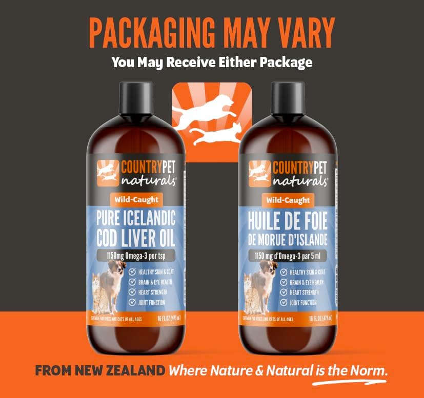 Wild Caught Pure Cod Liver Oil 16oz Highest Omega 3 1150mg/tsp, Highest Purity, High EPA/DHA, Vitamin A & D - Reduces Itching, Healthy Skin & Coat, Mobility, BPA-Free, Pump incl.