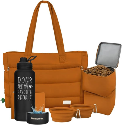 rubyloo Dog Mom Essentials Bundle - Puffer Tote with Storage Containers (Rust) and 32 oz Water Bottle with Detachable Bowl (Dogs Are My Favorite People) - Travel Bag and Hydration Set