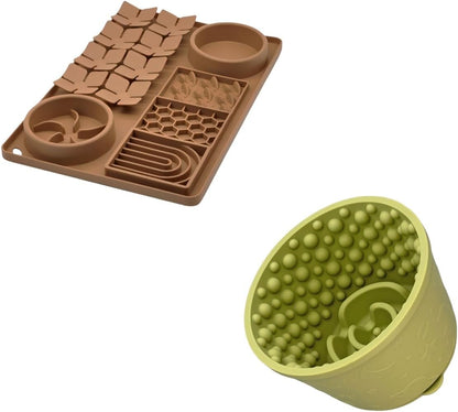 Slow Feeder Bowl Bundle: Brown 4in1 Licking mat (15.75" x 10.5" x 1.2") + Green Starry Sky Feeder (4.3" x 2.9"), Silicone Lick mat with Suction Cups for Slow Eating and Keep Busy