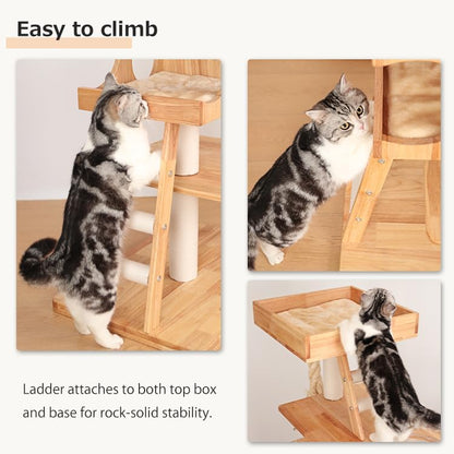 Wood Cat Tree for Large Cats, 62-Inch Tall Modern Cat Tower with Condo & Scratching Posts - Easy to Clean, Heavy-Duty, Furniture-Grade Design for Stable Climbing, Eco-Friendly (White 62'')