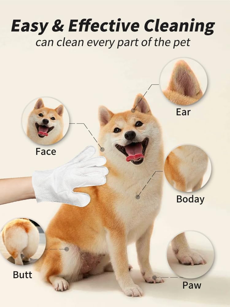 20 PCS Pet Glove Wipe, Cleaning Glove for Dog and Cat, Fur Face, Ear, Eye, Paws Cleaning Wipes, Pet Wash Free Gloves, Cleaning Grooming Wipes for Daily Care and Traveling, No Rinse, Gentle, Thickened