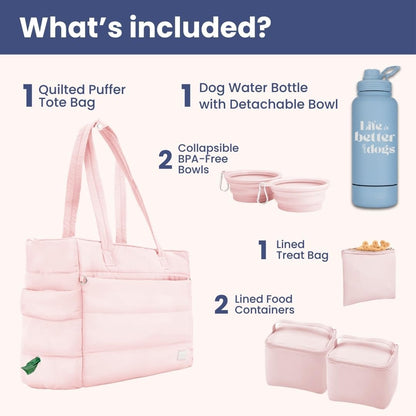 rubyloo Dog Mom Essentials Bundle - Puffer Tote with Storage Containers (Pink) and 32 oz Water Bottle with Detachable Bowl (Life is Better with Dogs) - Travel Bag and Hydration Set