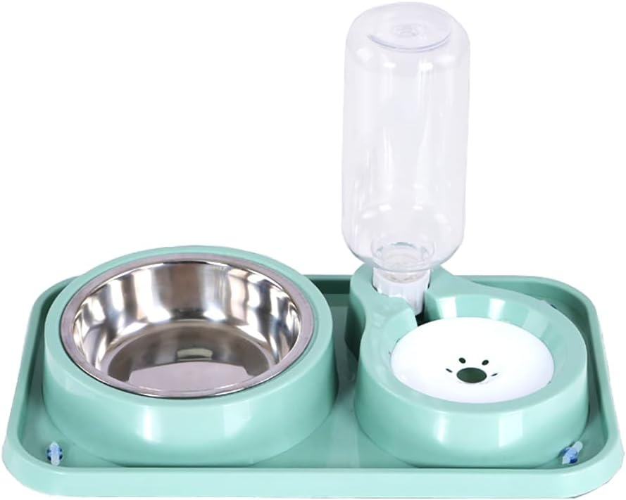 Dog Bowls, Non-Slip Puppy Cat Food and Water Bowl Set with Water Dispenser and Stainless Steel Bowl Detachable Gravity Pet Feeder and Waterer Set for Dogs (Green, 1000ML)