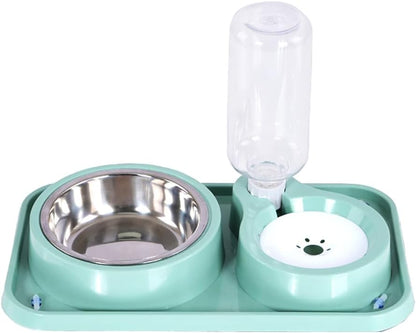 Dog Bowls, Non-Slip Puppy Cat Food and Water Bowl Set with Water Dispenser and Stainless Steel Bowl Detachable Gravity Pet Feeder and Waterer Set for Dogs (Green, 1000ML)