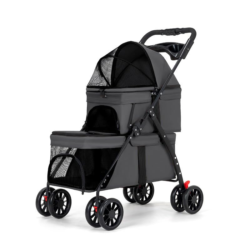 YYW Double Pet Stroller for Small Cats and Dogs, Foldable Kittens Puppies Travel Strolling Cart with 2 Carriages, Cup Holder & Lockable Wheels, Ideal for Multi-Pet Families(Black)