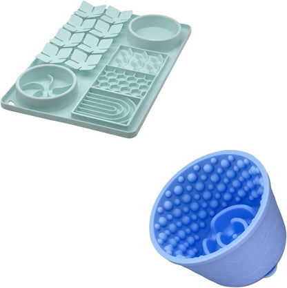 Slow Feeder Bowl Bundle: Mint Green 4in1 Licking mat (15.75" x 10.5" x 1.2") + Light Blue Starry Sky Feeder (4.3" x 2.9"), Silicone Lick mat with Suction Cups for Slow Eating and Keep Busy