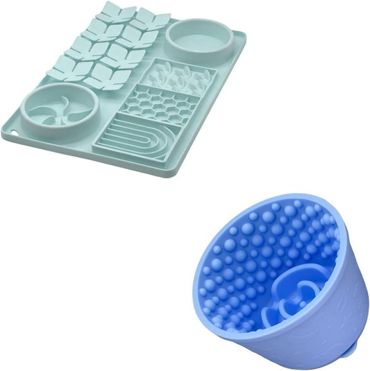 Slow Feeder Bowl Bundle: Mint Green 4in1 Licking mat (15.75" x 10.5" x 1.2") + Light Blue Starry Sky Feeder (4.3" x 2.9"), Silicone Lick mat with Suction Cups for Slow Eating and Keep Busy