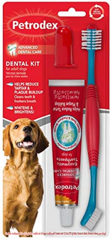 Petrodex Dental Care Kit for Dogs and Puppies, Cleans Teeth and Fights Bad Breath, Reduces Plaque and Tartar Formation, Enzymatic Tooth Brushing Kit, Poultry Flavor, 2.5oz Toothpaste + Toothbrush