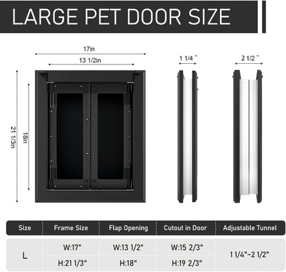 【PATAPLUS】 Aluminum French Large Dog Door,Strong Double Magnetic Flaps,with Aluminum Telescoping Tunnel Heavy-Duty Do g Door for L arge and Medium Dog Up to 110LBS (Large,Black)