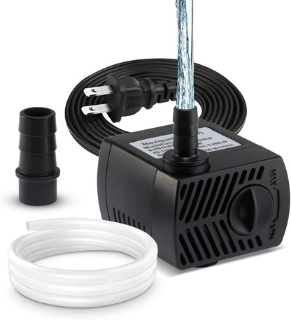 105 GPH Submersible Water Pump with 4.76ft Power Cord and 2 Nozzles 5W Ultra Quiet Mini Fountain Pump with 2.8ft High Lift Aquarium Water Pump for Fish Tank Pond Fountain Hydroponics
