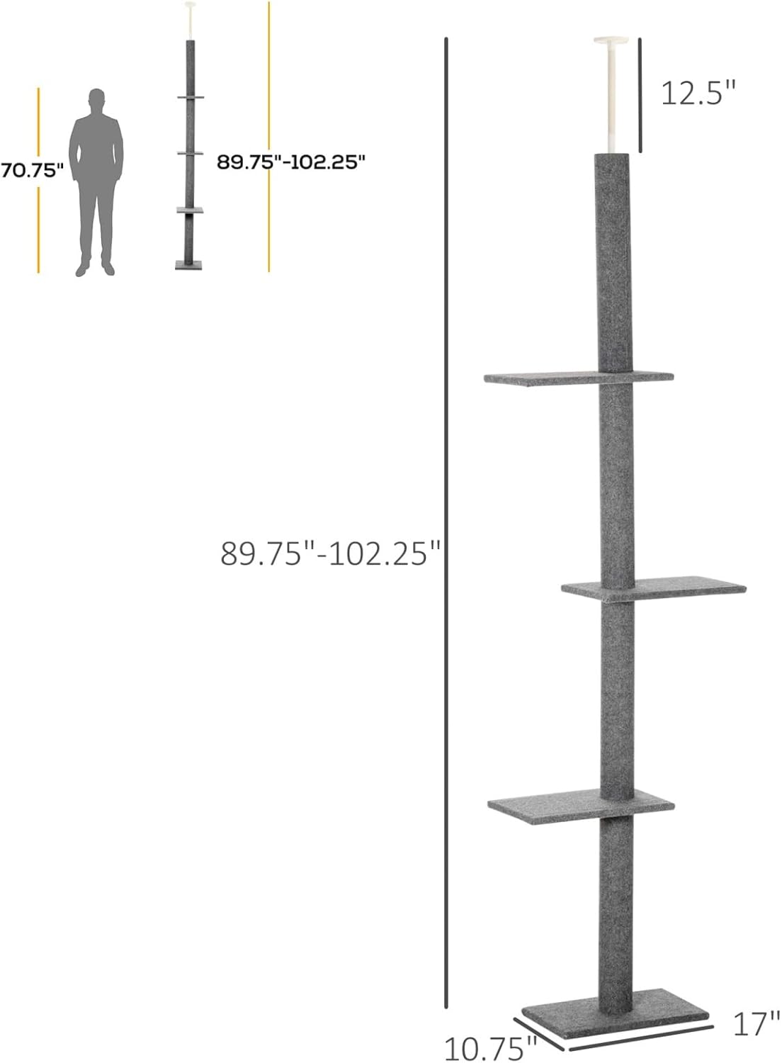 Floor-to-Ceiling Cat Tree Cat Climbing Tower with Sisal-Covered Scratching Posts Natural Cat Tree Activity Center for Kittens Cat Tower Furniture, Grey