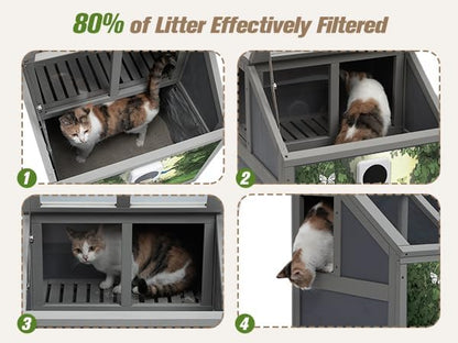 2-Tier Wooden Cat Litter Box Enclosure, Cat Toilet with Air Purifier, Openable Top, Litter Bags, Scoop, Low-Tracking, Odor Control, Kitty Litter House Cabinet Furniture, Gray