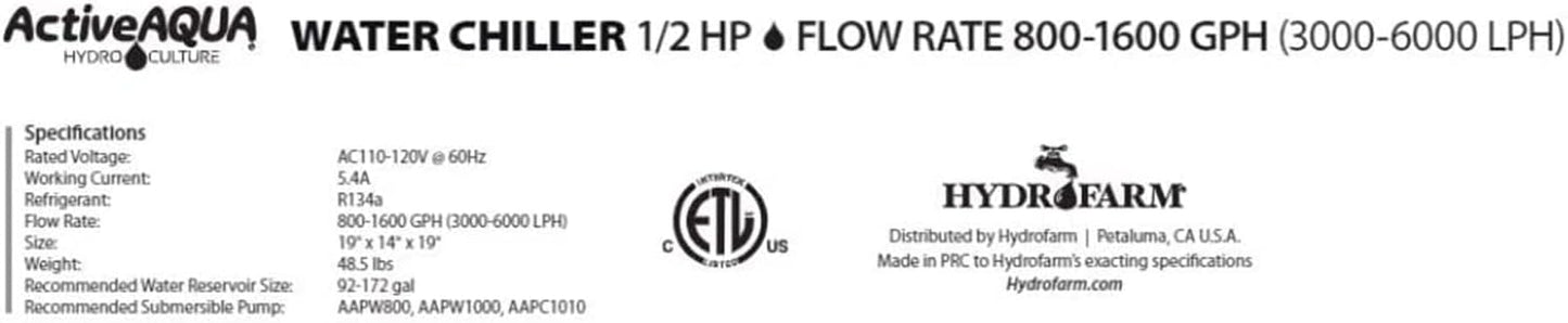 Active Aqua AACH50HP Water Chiller for Aquarium, Hydroponics, Bathtub – 0.5 HP, Fast Cooling, 90-172 Gallons, Titanium Evaporator – Fittings Included