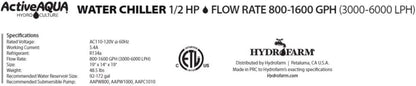Active Aqua AACH50HP Water Chiller for Aquarium, Hydroponics, Bathtub – 0.5 HP, Fast Cooling, 90-172 Gallons, Titanium Evaporator – Fittings Included