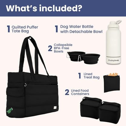 rubyloo Dog Mom Essentials Bundle - Puffer Tote with Storage Containers (Black) and 32 oz Water Bottle with Detachable Bowl (Solid Cream) - Travel Bag and Hydration Set