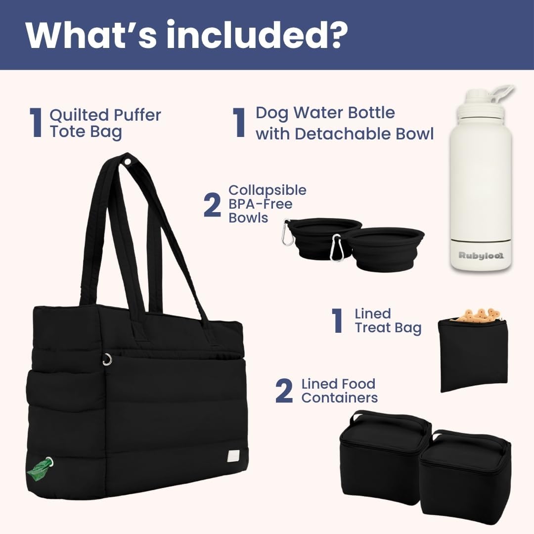 rubyloo Dog Mom Essentials Bundle - Puffer Tote with Storage Containers (Black) and 32 oz Water Bottle with Detachable Bowl (Solid Cream) - Travel Bag and Hydration Set