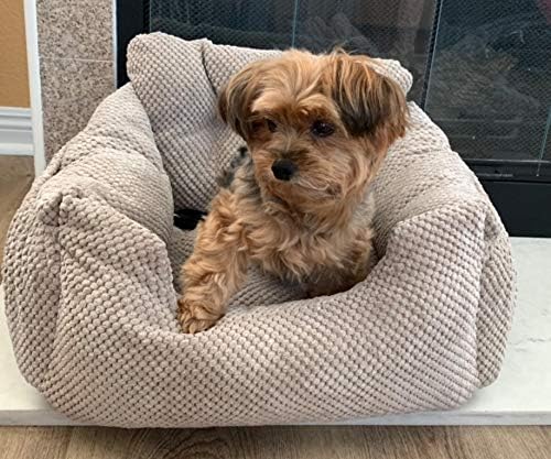 Series Deluxe Bucket Pets Dog Bed + Car Seat Carrier Booster Travel Safety with Two Removable Mats and Storage Pockets for Small Pets (Khaki)