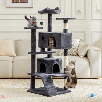 DUMOS 54-inch Indoor Cat Tree Tower –Multi-Level Pet House for Large Cats with 2 Condos, Scratching Posts, Round Platform, Small Ladder, and Toys – Perfect for Cats of All Ages, Dark Grey