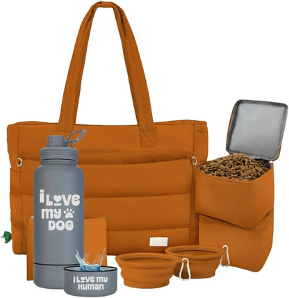 rubyloo Dog Mom Essentials Bundle - Puffer Tote with Storage Containers (Rust) and 32 oz Water Bottle with Detachable Bowl (I Love My Dog) - Travel Bag and Hydration Set