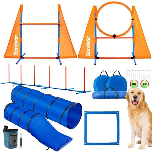 Dog Agility Course Backyard Set, 2 Agility Tunnel, 2 Jumps, 6 Weave Poles, Pause Box & More, Dog Obstacle Course Kit for Indoor and Outdoor
