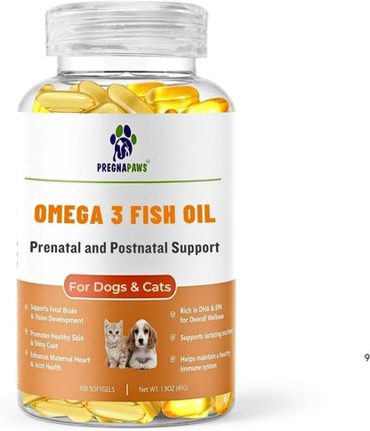 Omega 3 Fish Oil for Dogs & Cats | Dog Prenatal Vitamins | Joint Support | Brain & Heart Health | Pure EPA DHA Omega 3 for Dogs | 100 Soft Gels