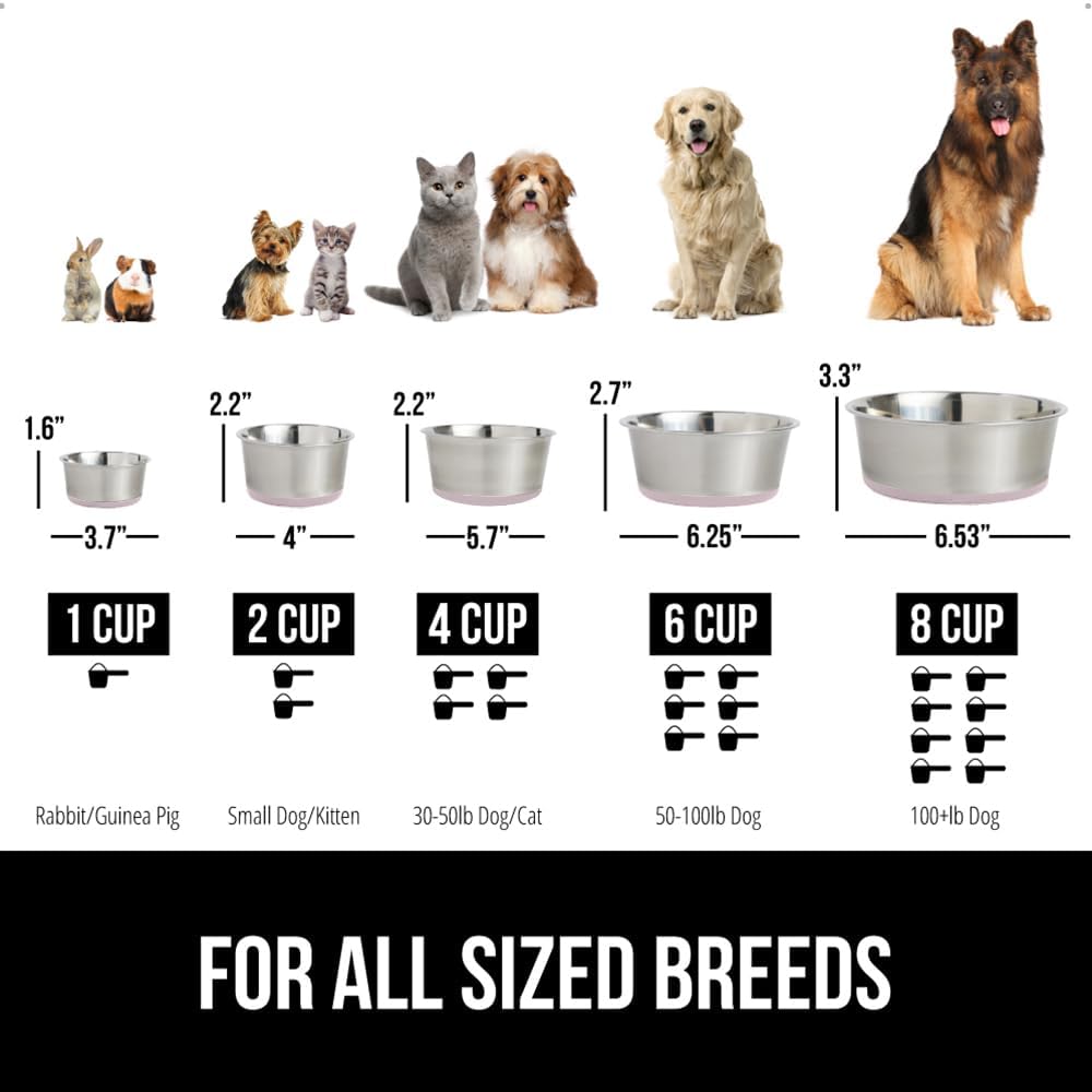 GORILLA GRIP Dog Bowls, Holds 2 Cups Each (16 fl oz), Heavy Duty Stainless Steel Food and Water Bowl for Feeding Dogs and Cats, Dishwasher Safe, Rust Resistant, BPA Free Rubber Base, Set of 2 Pink