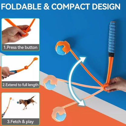 25“Dog Ball Launcher, Foldable Tennis Ball Thrower with Soft and Comfortable Tennis Racket-Like Handle Grip, 2.5 inch Ball Included