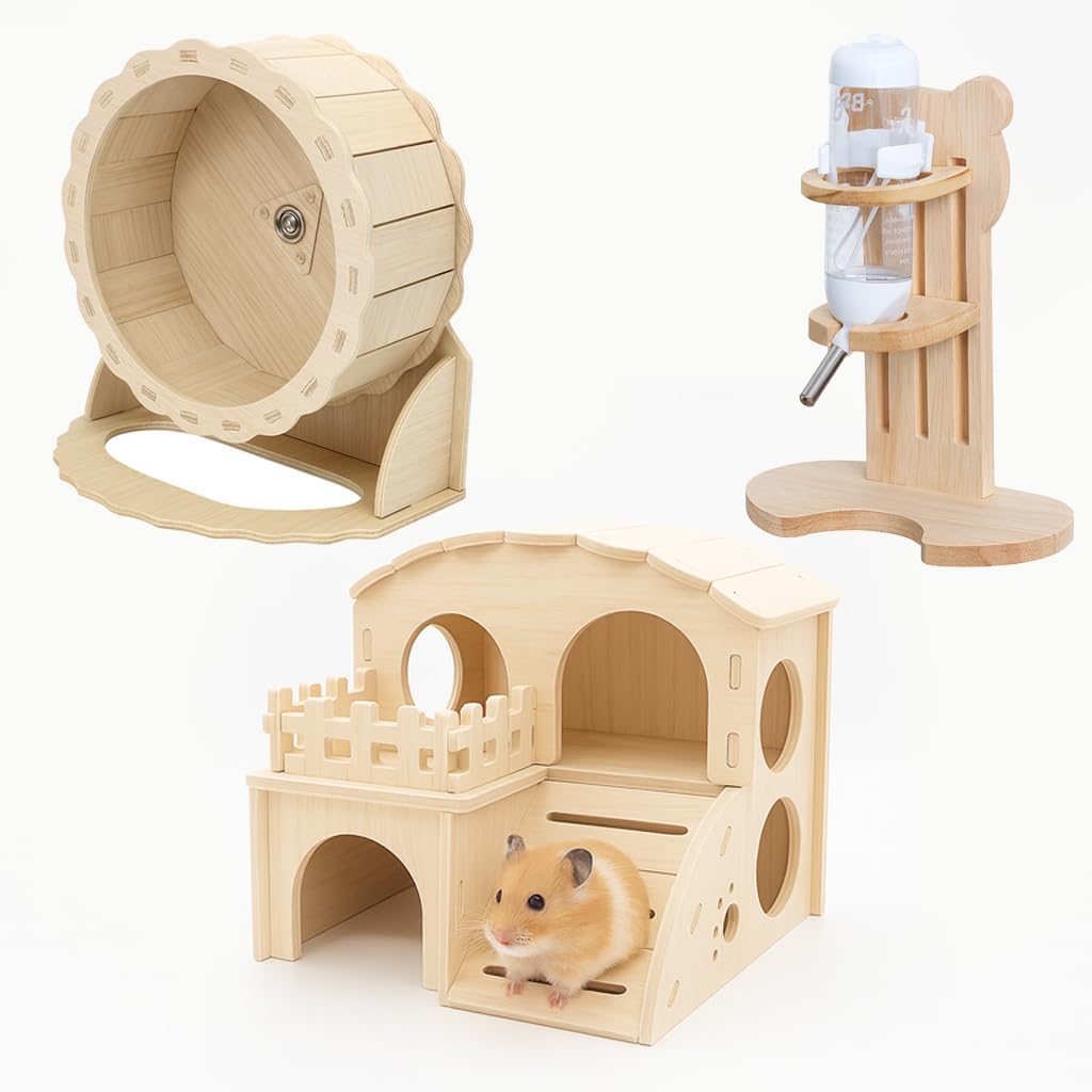 Hamster House Wooden Hamster Wheel & Water Bottle Set, Silent Exercise Wheel 5.9" with Adjustable Water Dispenser Stand, Small Animal Accessories for Ham Ster, Gerbil, Guinea Pig, Mice (3 Pcs)