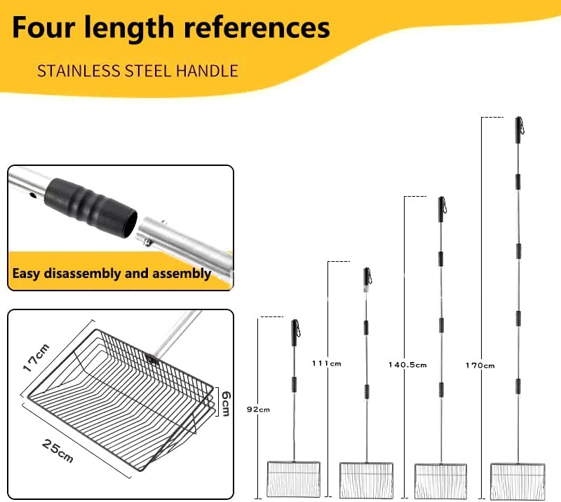 9.9 inch Sturdy Chicken Poop Scooper & Rake, 5 in 1 Adjustable Chicken Coop Pooper Shovel (36.2"-70" Long), Sifting Litter Shovel Scoop for Goat Stall/Stable Cleaning (Chicken Poop Scooper)