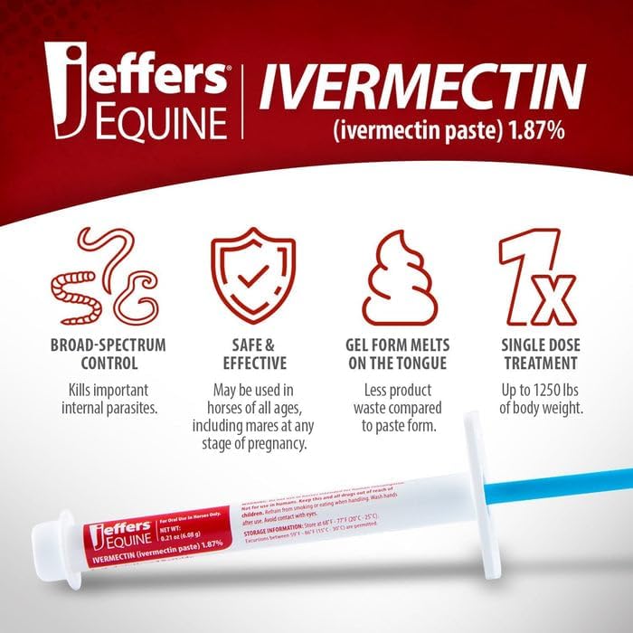 Jeffers Equine Ivermectin Gel Horse Dewormer Paste 1.87%, Broad Spectrum Equine Parasite Control Formula, Apple Flavored Oral Wormer for Horses, Easy Travel Use, Mess Free Syringe Tube - 10 Pack