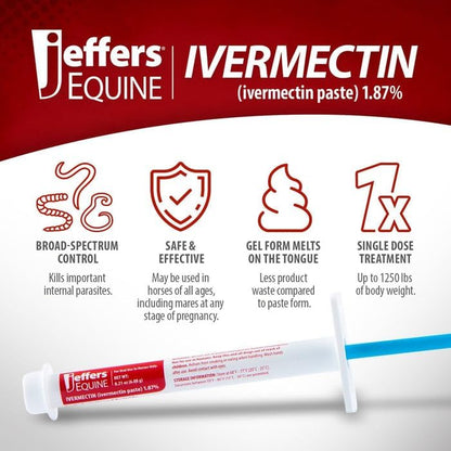 Jeffers Equine Ivermectin Gel Horse Dewormer Paste 1.87%, Broad Spectrum Equine Parasite Control Formula, Apple Flavored Oral Wormer for Horses, Easy Travel Use, Mess Free Syringe Tube - 10 Pack