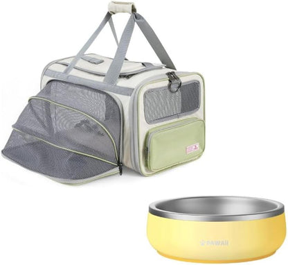 Cat Carrier with ID Tag and Double Stainless Steel Bowls(12 oz)